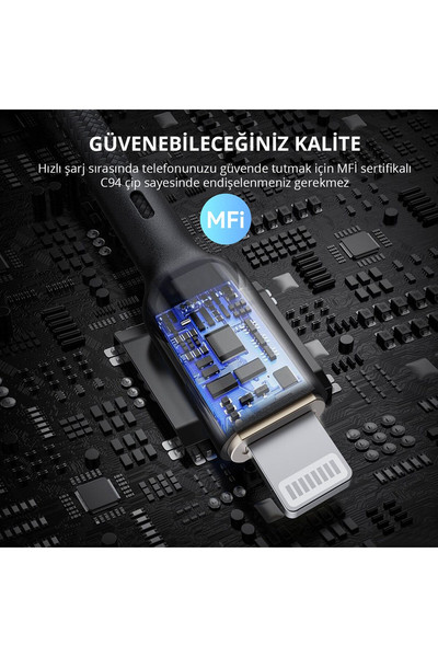 Aukey CB-NCL1-BK 1.8 M Naylon Örgülü 3A 480 Mbps Type-C Lightning Siyah Şarj Kablosu