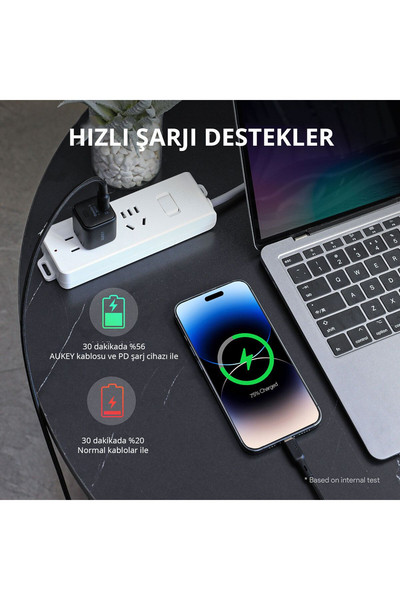 Aukey CB-NCL1-BK 1.8 M Naylon Örgülü 3A 480 Mbps Type-C Lightning Siyah Şarj Kablosu