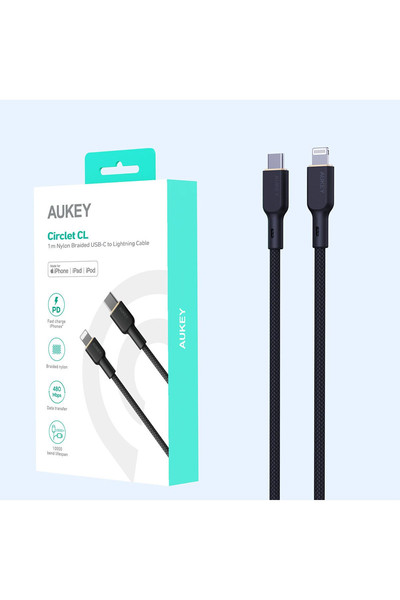 Aukey CB-NCL1-BK 1.8 M Naylon Örgülü 3A 480 Mbps Type-C Lightning Siyah Şarj Kablosu