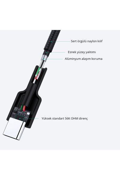 Aukey CB-CD30-BK 0.9 M Naylon Örgülü USB-A Type-C Siyah Şarj Kablosu