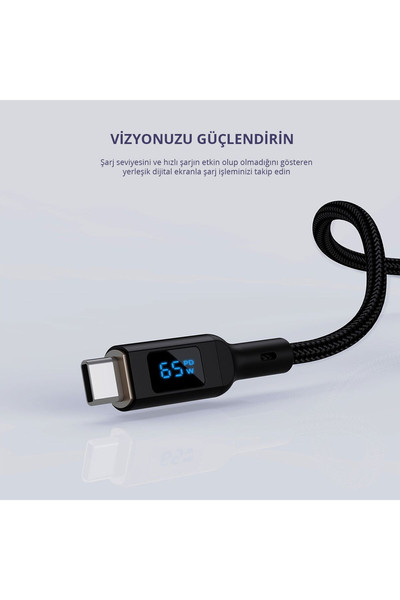 Aukey CB-MCC102-BK 100 W 1.8 M Naylon Örgülü 5A 480 Mbps Type-C Type-C LCD Ekranlı Siyah Şarj Kablosu