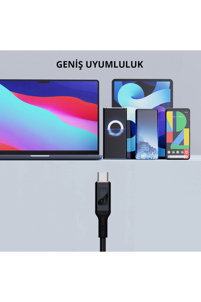Aukey CB-MCC102-BK 100 W 1.8 M Naylon Örgülü 5A 480 Mbps Type-C Type-C LCD Ekranlı Siyah Şarj Kablosu