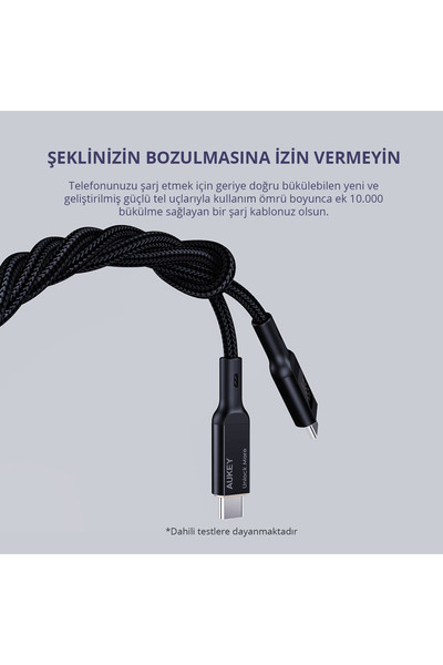 Aukey CB-MCC102-BK 100 W 1.8 M Naylon Örgülü 5A 480 Mbps Type-C Type-C LCD Ekranlı Siyah Şarj Kablosu