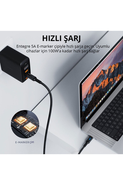 Aukey CB-MCC102-BK 100 W 1.8 M Naylon Örgülü 5A 480 Mbps Type-C Type-C LCD Ekranlı Siyah Şarj Kablosu
