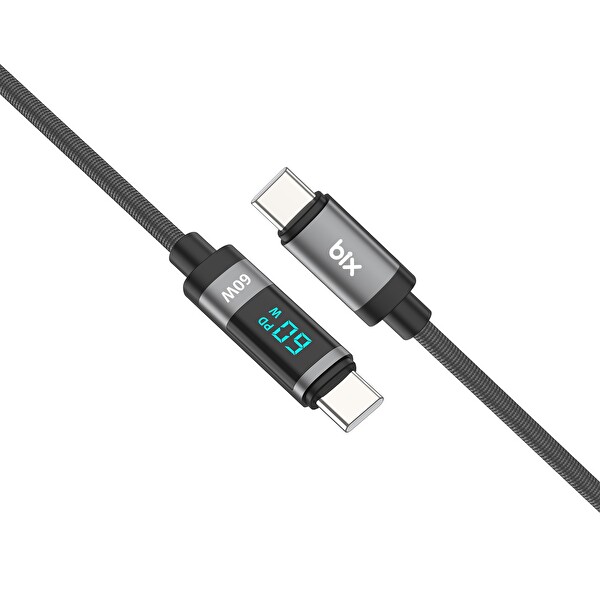 Bix Type-C to Type-C 60W Örgülü LED Dijital Ekranlı Şarj ve Data Kablosu 1 Metre