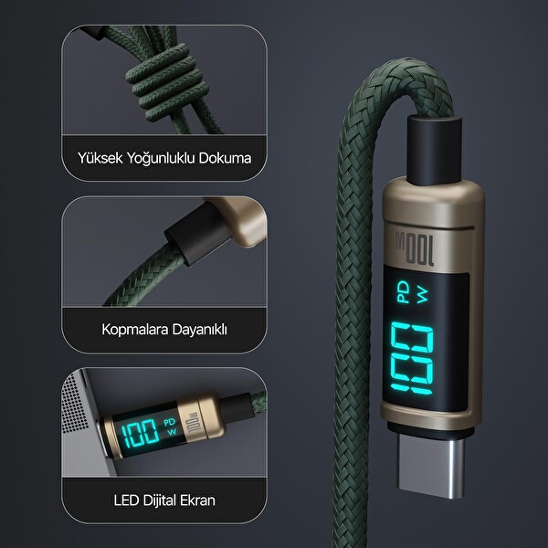 Bix Type-C to Type-C 100W 480Mbps E-Marker Çipli LED Dijital Ekranlı Şarj ve Data Kablosu 1 Metre Bronz