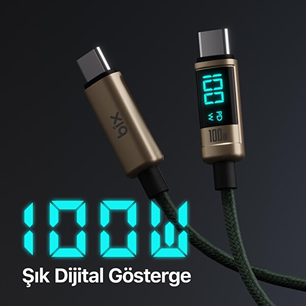 Bix Type-C to Type-C 100W 480Mbps E-Marker Çipli LED Dijital Ekranlı Şarj ve Data Kablosu 1 Metre Bronz