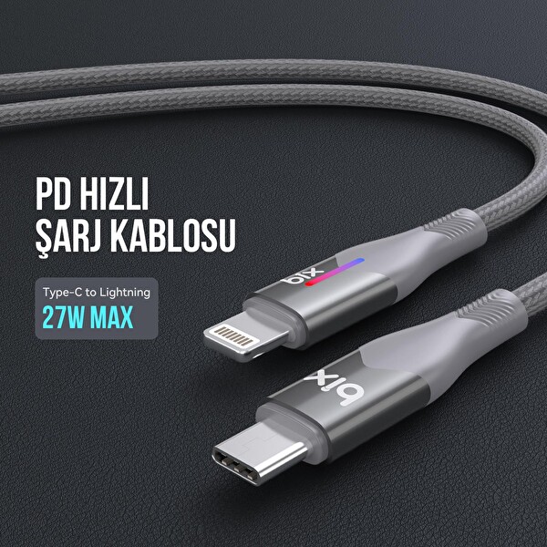 Bix Type-C to Lightning iPhone 27W Örgülü LED Işıklı Şarj ve Data Kablosu 1 Metre Gri