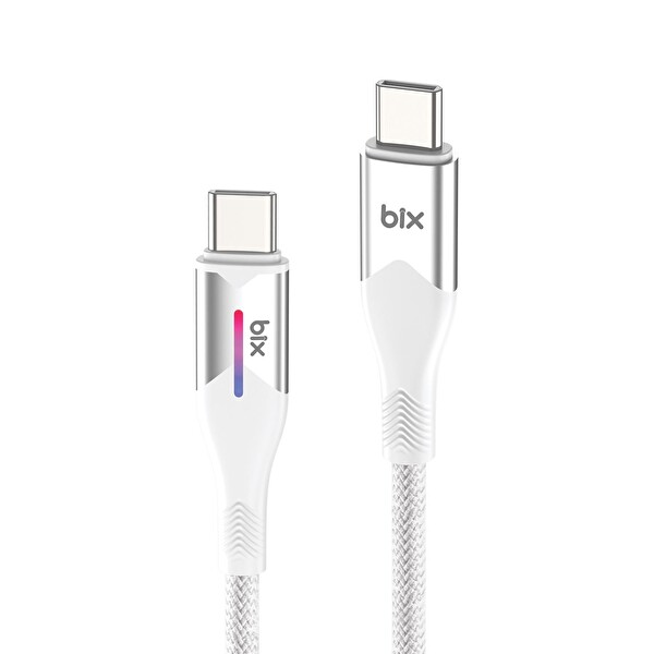 Bix Type-C to Type-C 60W Örgülü LED Işıklı Şarj ve Data Kablosu 1 Metre Beyaz
