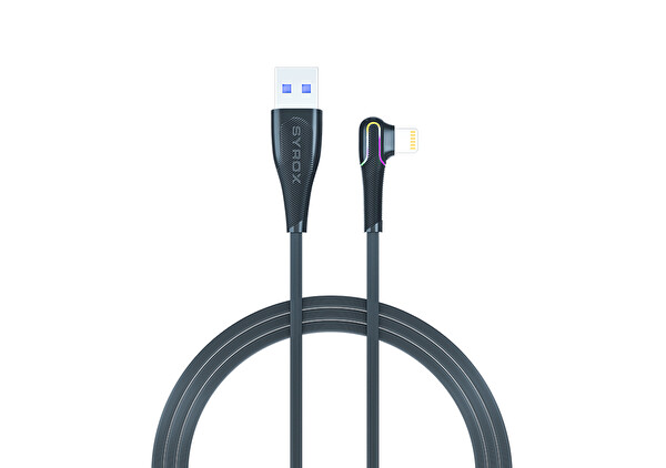 Syrox C106 2.0A 1 M RGB Ledli USB-A - 90 Derece Lightning Şarj ve Data Kablosu Siyah
