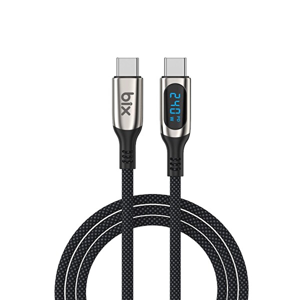 Bix Type-C to Type-C 240W 480 Mbps E-Marker Çip Dijital Ekran Göstergeli Örgülü Şarj ve Data Kablosu 1 M