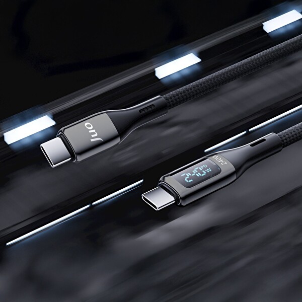 Juo JCBL242-B 240 Dijital Led Ekranlı E-Mark Çipli PD 3.1 USB Type-C to Type-C Hızlı Şarj ve Data Kablosu 2 M