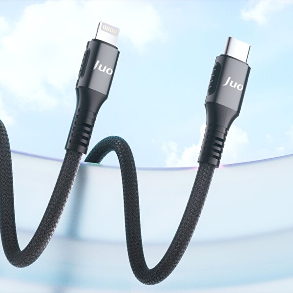 Juo JCBK272-B 27 W USB Type-C to Lightning Örgülü Hızlı Şarj ve Data Kablosu 2 M Siyah