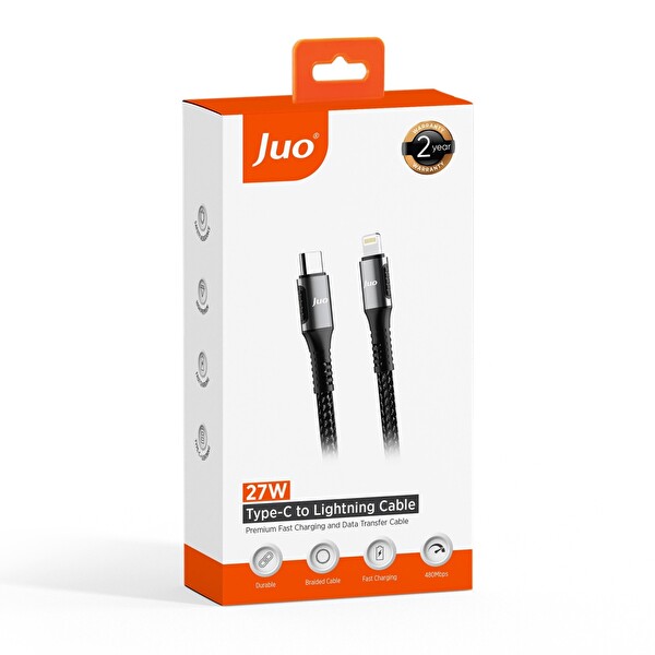 Juo JCBK272-B 27 W USB Type-C to Lightning Örgülü Hızlı Şarj ve Data Kablosu 2 M Siyah