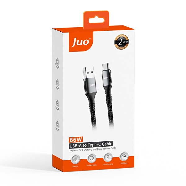 Juo JCB661-B 66 W USB-A to Type-C Örgülü Hızlı Şarj ve Data Kablosu 1 M Siyah
