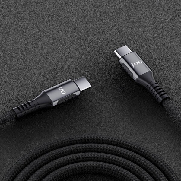 Juo JCBK242-B 240 W 5A E-Mark Çipli Örgülü USB PD Type-C to Type-C Hızlı Şarj ve Data Kablosu 2 M Siyah