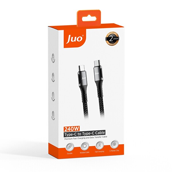 Juo JCBK242-B 240 W 5A E-Mark Çipli Örgülü USB PD Type-C to Type-C Hızlı Şarj ve Data Kablosu 2 M Siyah