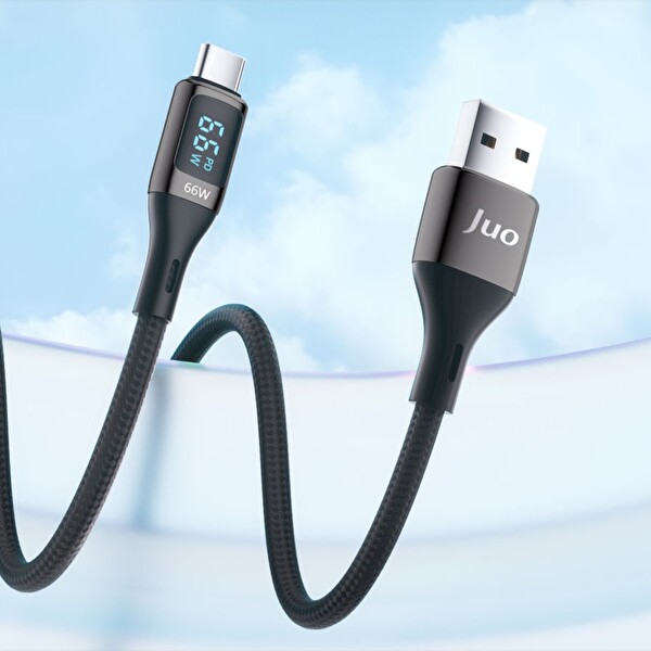 Juo JCBL661-B 66 W Dijital Led Ekranlı Örgülü USB-A to USB Type-C Hızlı Şarj ve Data Kablosu 1 M Siyah