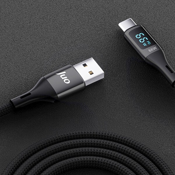 Juo JCBL661-B 66 W Dijital Led Ekranlı Örgülü USB-A to USB Type-C Hızlı Şarj ve Data Kablosu 1 M Siyah