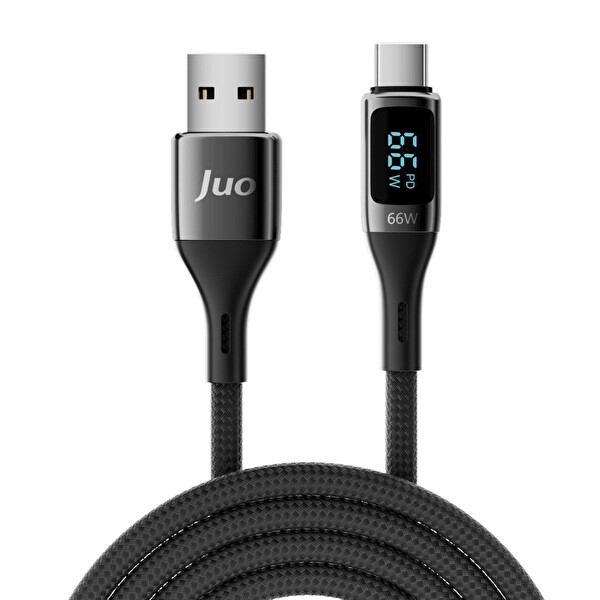 Juo JCBL661-B 66 W Dijital Led Ekranlı Örgülü USB-A to USB Type-C Hızlı Şarj ve Data Kablosu 1 M Siyah
