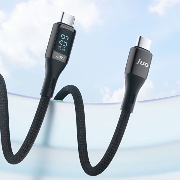 Juo JCBL61-B 60 W Dijital Led Ekranlı Örgülü USB Type-C to Type-C Hızlı Şarj ve Data Kablosu 1 M Siyah