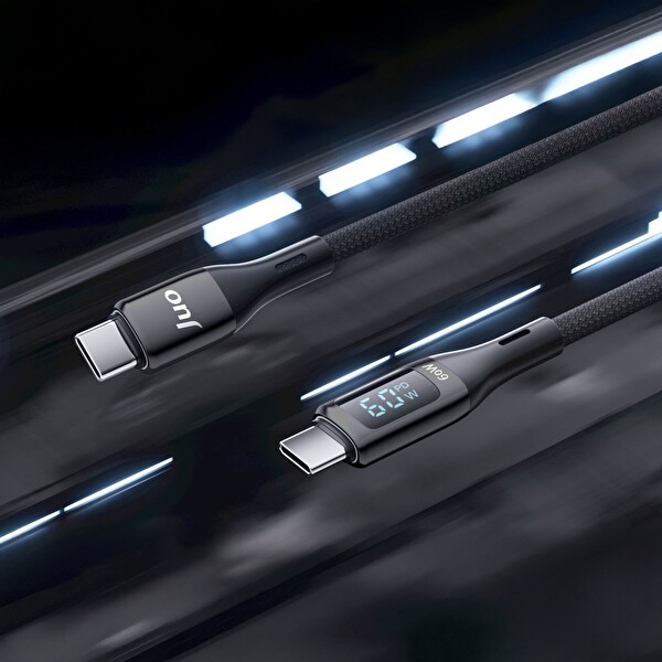 Juo JCBL61-B 60 W Dijital Led Ekranlı Örgülü USB Type-C to Type-C Hızlı Şarj ve Data Kablosu 1 M Siyah