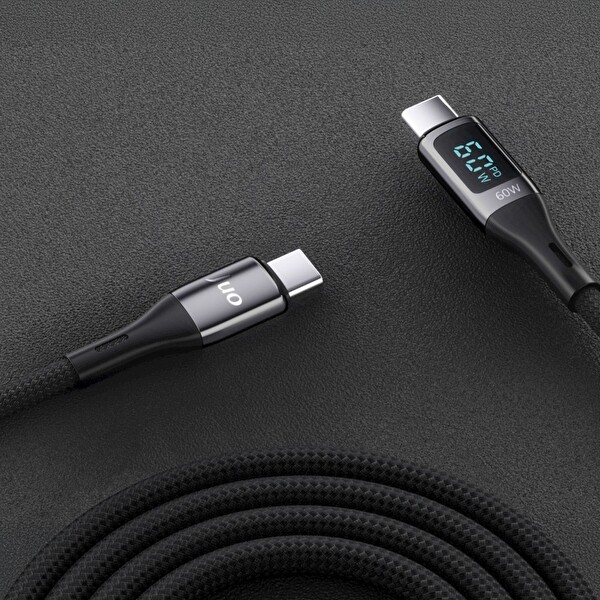 Juo JCBL61-B 60 W Dijital Led Ekranlı Örgülü USB Type-C to Type-C Hızlı Şarj ve Data Kablosu 1 M Siyah