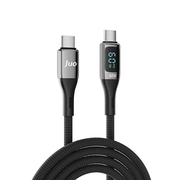 Juo JCBL61-B 60 W Dijital Led Ekranlı Örgülü USB Type-C to Type-C Hızlı Şarj ve Data Kablosu 1 M Siyah
