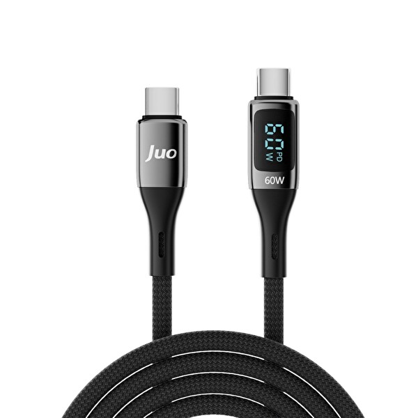 Juo JCBL61-B 60 W Dijital Led Ekranlı Örgülü USB Type-C to Type-C Hızlı Şarj ve Data Kablosu 1 M Siyah