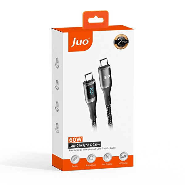 Juo JCBL61-B 60 W Dijital Led Ekranlı Örgülü USB Type-C to Type-C Hızlı Şarj ve Data Kablosu 1 M Siyah