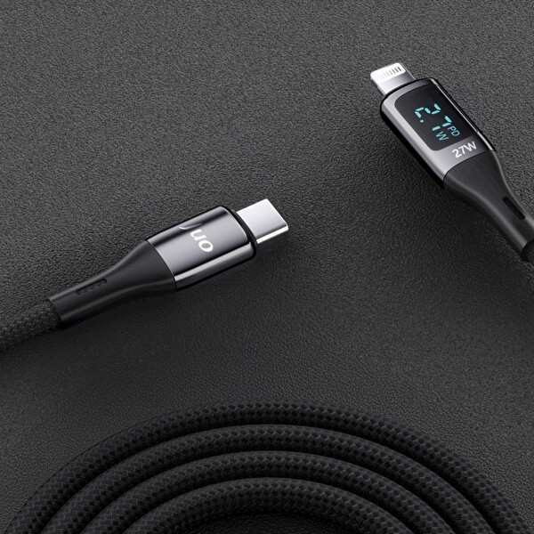 Juo JCBL272-B 27 W Dijital Led Ekranlı USB Type-C to Lightning Hızlı Şarj ve Data Kablosu 2 M Siyah