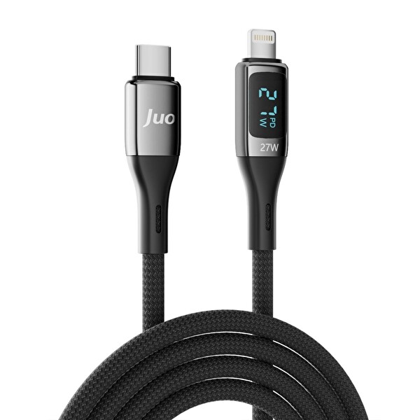 Juo JCBL272-B 27 W Dijital Led Ekranlı USB Type-C to Lightning Hızlı Şarj ve Data Kablosu 2 M Siyah