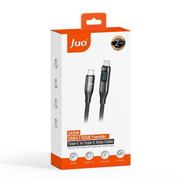 Juo JCB1G241-B 240 W USB 3.1 Gen2 10Gbps E-Mark Çipli Led Display 4K 60Hz Görüntü ve Type-C Hızlı Şarj Kablosu 1.25 M