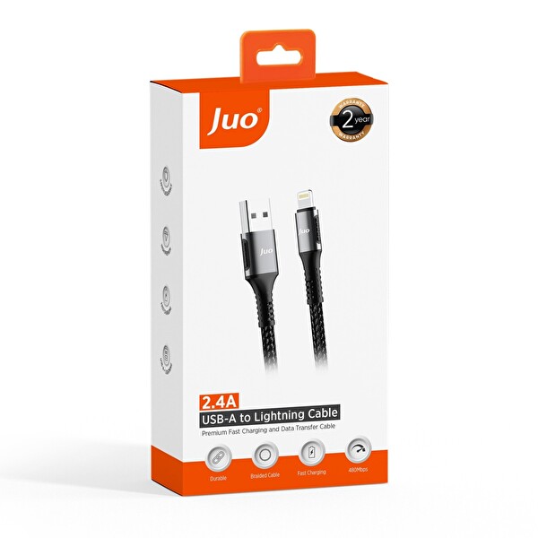 Juo JCBK122-B 12 W 2.4A USB-A to Lightning Örgülü Hızlı Şarj ve Data Kablosu 2 M Siyah