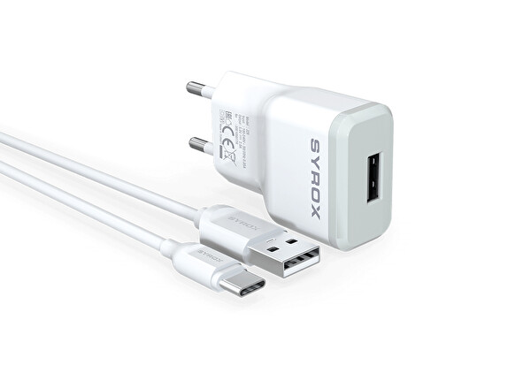 Syrox J28 2.0A 1 M USB-A - Type-C Kablolu 1xUSB-A Port Çıkışlı Şarj Cihazı Beyaz