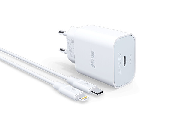 Syrox PD20L 3.0A 20W PD 1 M Type-C - Lightning Kablolu 1xType-C Port Çıkışlı Şarj Cihazı Beyaz