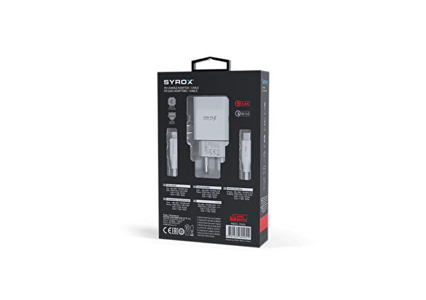 Syrox PD20L 3.0A 20W PD 1 M Type-C - Lightning Kablolu 1xType-C Port Çıkışlı Şarj Cihazı Beyaz