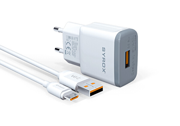 Syrox Q20 2.0A 1 M USB-A - Micro USB Kablolu 1xUSB-A Port Çıkışlı Şarj Cihazı Beyaz