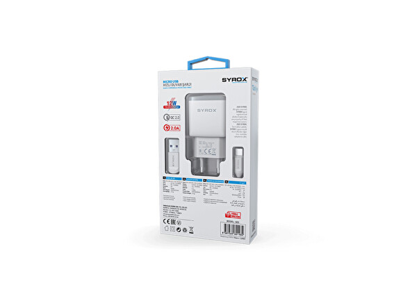Syrox Q20 2.0A 1 M USB-A - Micro USB Kablolu 1xUSB-A Port Çıkışlı Şarj Cihazı Beyaz