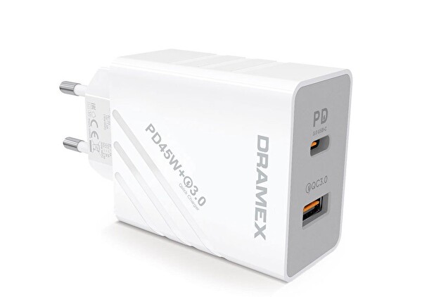 Dramex DPQ45B Quantum 45W PD QC 3.0 1xUSB-A + 1xType-C Port Çıkışlı Şarj Cihazı Beyaz