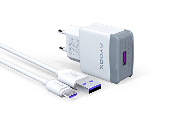 Syrox Q30 3.0A 18W 1 M USB-A - Micro USB Kablolu 1xUSB-A Port Çıkışlı Şarj Cihazı Beyaz