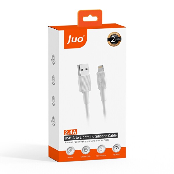 Juo JCBS112-W 12 W 2.4A USB-A to Lightning Silikon Hızlı Şarj ve Data Kablosu Beyaz 2 M