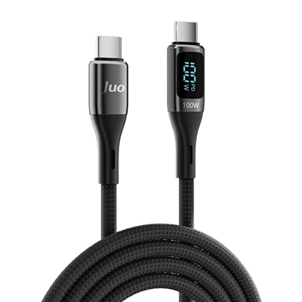 Juo JCBL101-B 100 W 5A QC4.0 Dijital Led Ekranlı E-Mark Çipli USB PD Type-C Hızlı Şarj ve Data Kablosu 2 M