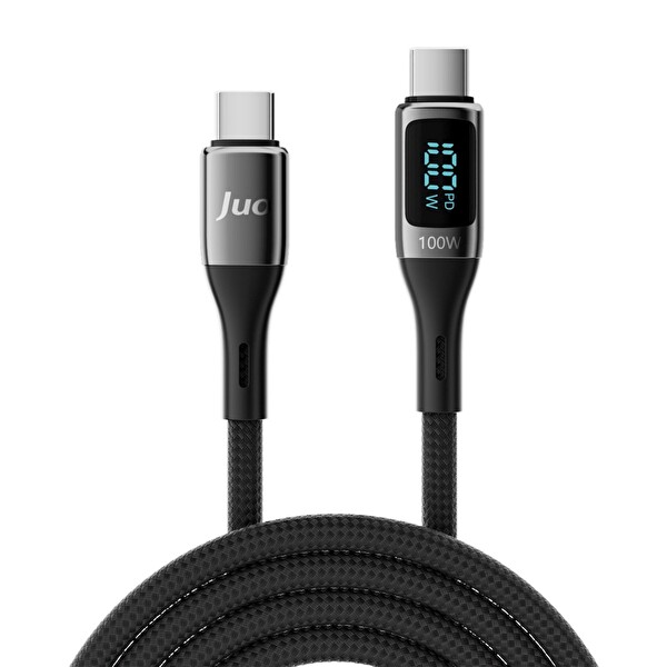 Juo JCBL101-B 100 W 5A QC4.0 Dijital Led Ekranlı E-Mark Çipli USB PD Type-C Hızlı Şarj ve Data Kablosu 2 M