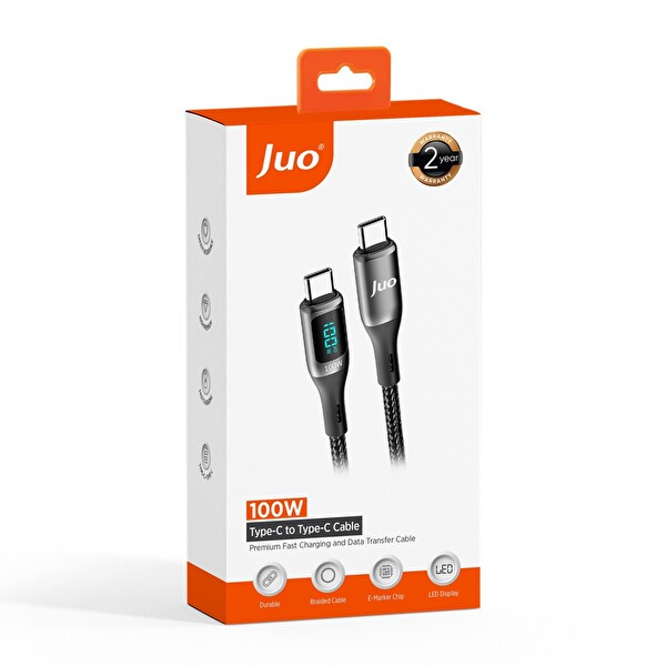 Juo JCBL101-B 100 W 5A QC4.0 Dijital Led Ekranlı E-Mark Çipli USB PD Type-C Hızlı Şarj ve Data Kablosu 2 M