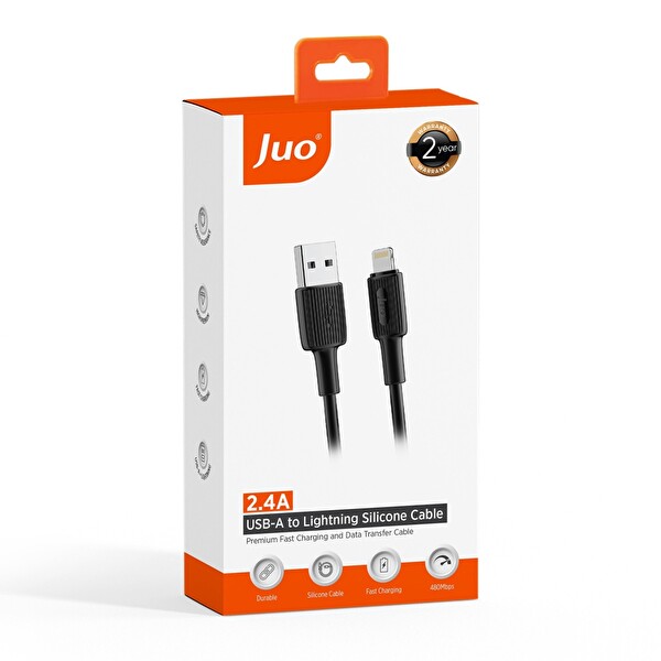 Juo JCBS112-B 12W 2.4A USB-A to Lightning Silikon Hızlı Şarj ve Data Kablosu Siyah 2 M
