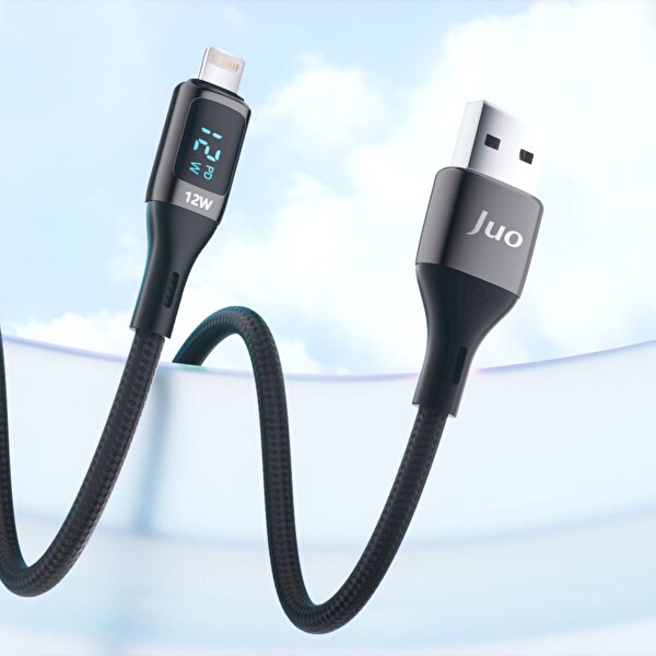 Juo JCBL122-B 12W Dijital Led Ekranlı USB-A to Lightning Örgülü Hızlı Şarj ve Data Kablosu 2 M