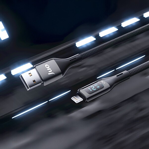Juo JCBL122-B 12W Dijital Led Ekranlı USB-A to Lightning Örgülü Hızlı Şarj ve Data Kablosu 2 M