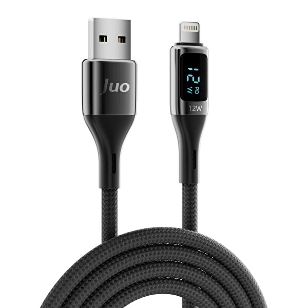 Juo JCBL122-B 12W Dijital Led Ekranlı USB-A to Lightning Örgülü Hızlı Şarj ve Data Kablosu 2 M