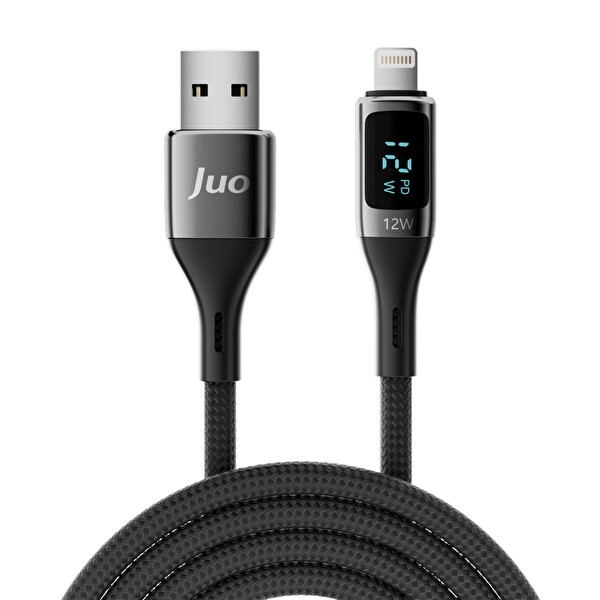 Juo JCBL122-B 12W Dijital Led Ekranlı USB-A to Lightning Örgülü Hızlı Şarj ve Data Kablosu 2 M